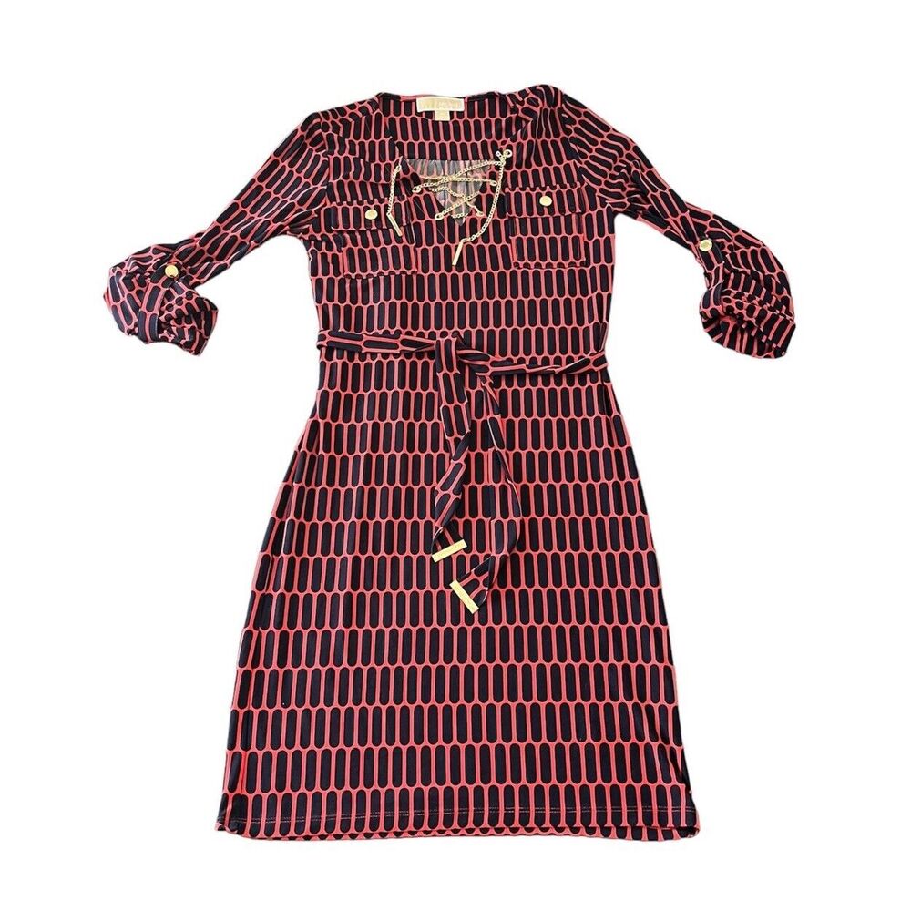 Michael Kors Coral Rose Red Blue Dress Gold Chain Accent